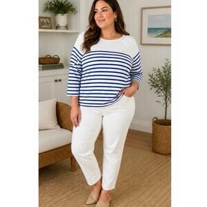 Lauren Ralph Lauren XL Striped Top Blue White  Nautical Ribbed 3/4 Sleeve